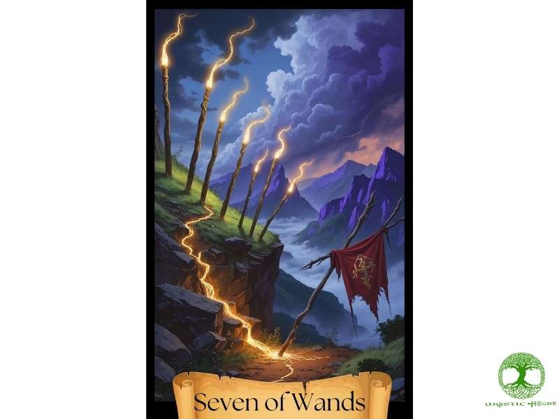 Hình ảnh và biểu tượng trên lá bài seven of wands có gì đặc biệt?