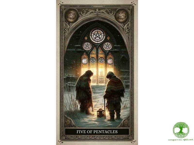 Lá bài five of pentacles được mô tả như thế nào?
