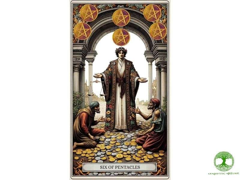 Lá bài six of pentacles được mô tả như thế nào?